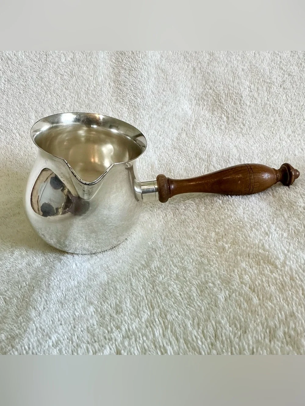 Vintage Silver-Plated Butter Melting Pot Wood Handle Sauce Warmer